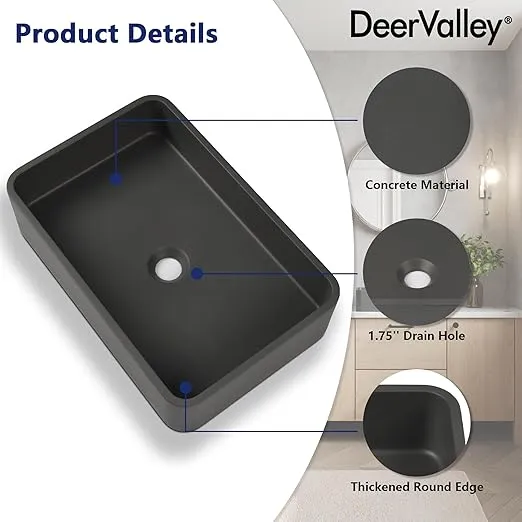 DeerValley 20" x 13'' Black(Grey) Rectangle Concrete Vessel Sink - Modern Above Counter Bathroom Vanity Bowl Art Basin Smooth Surface