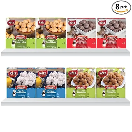 Katz Gluten Free Snacks Donut Holes Variety Pack | Gluten Free, Dairy Free, Soy Free, Nut Free | Powdered, Glazed, Cinnamon, Glazed Chocolate | Kosher (2 Packs of each, 8 Total)