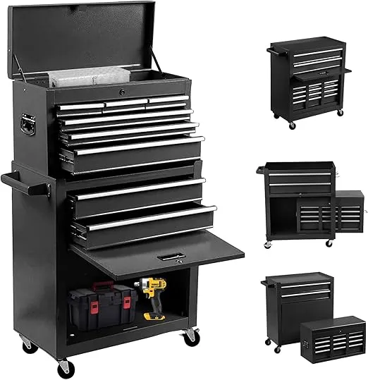 8-Drawer Rolling Tool Chest 2 in 1 High Capacity Tool Box Detachable Organizer Tool Storage Cabinet with 4 Wheels & Lockable Lined Drawers for Garage Warehouse Workshop (Black)