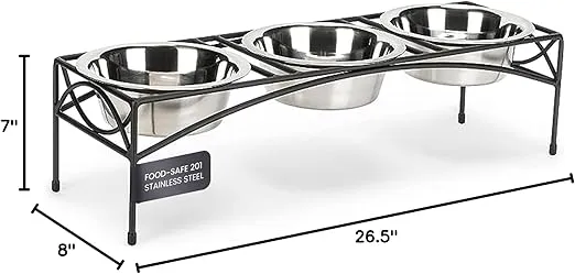 NMN Designs Regal Triple Diner - Triple Bowl Dog and Cat Feeder Stand - Ideal for Feeding Multiple Pets - Durable Wrought Iron Construction with 3-2 Qt Stainless Bowls - 26.5" L x 8" W x 7" H, Black