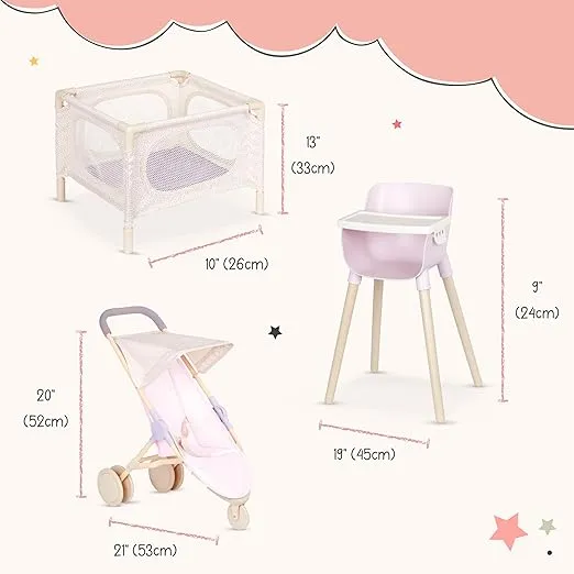 LullaBaby – 14-inch Realistic Baby Doll – Fair Skin Tone & Blue Eyes – Doll Playpen, High Chair & Jogger Stroller Set – Pretend Play – Toys For Kids Ages 2 & Up – Baby Doll & Nursery Playset