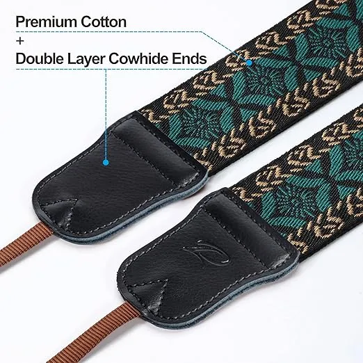 Padwa Lifestyle Mystic Green Embroidered Camera Strap - Double Layer Cowhide Ends,2" Cotton Vintage Camera Straps, Adjustable Neck & Shoulder Strap for All DSLR Cameras,Great Gift for Photographers