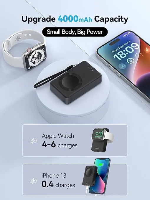 LVFAN Portable Charger for Apple Watch, 4000mAh iWatch Charger Power Bank Wireless Battery Pack Magnetic Travel Smartwatch Charger for Apple Watch Series 10 9 8 7 6 5 4 3 2 1 SE Ultra 2 Ultra (Black)