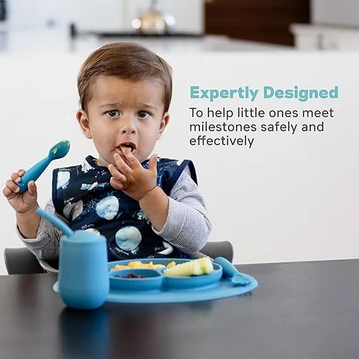 ezpz Mini Utensils - 12 Months+ (Fork & Spoon in Blue) - 100% BPA Free Fork and Spoon - Toddler Utensils - Designed by a Pediatric Feeding Specialist
