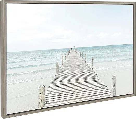 Kate and Laurel Sylvie Wooden Pier On The Beach Framed Canvas by Amy Peterson, 23x33 Gray, Coastal Calming Wall Decor for Your Living Room, Bedroom, Or Bathroom