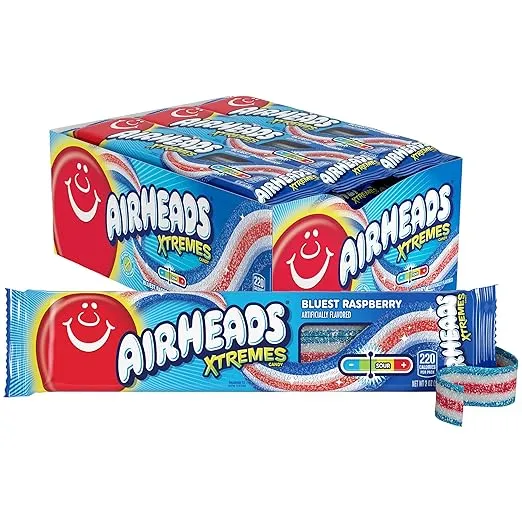 Airheads Xtremes Belts Sweetly Sour Candy, Bluest Raspberry, Holiday Christmas Stocking Stuffers for Adults & Kids, Non-Melting, Movie Theater, 2 oz (Bulk Pack of 18)