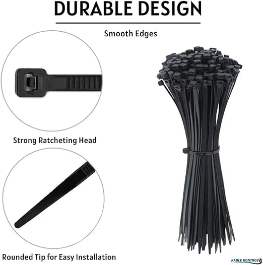 Kable Kontrol Cable Zip Ties 1000 Pcs 8 Inch Black, 40 Lbs Tensile Strength, Self-locking UV Resistant Plastic Nylon Wire Ties, for Indoor or Outdoor Use