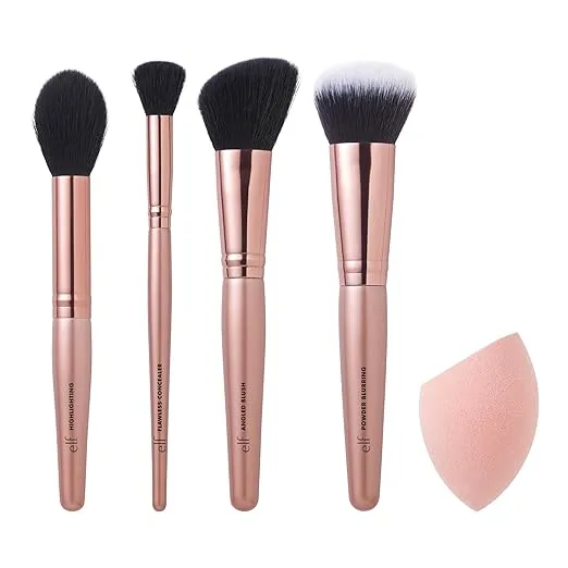 e.l.f. Complexion Essentials Brush & Sponge Set, Concealer, Powder, Blush & Highlighter Brushes & Total Face Sponge, Vegan & Cruelty-Free