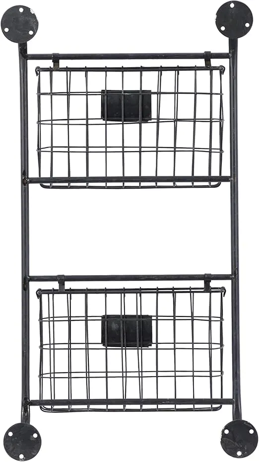 Deco 79 Metal Rectangle Magazine Rack Holder with Suspended Baskets and Label Slot, 16" x 3" x 28", Black