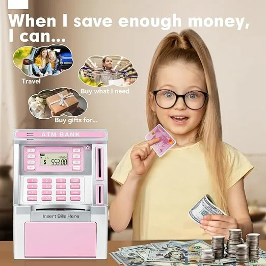 BAODLON Pink Piggy Bank for Kids, ATM Machine Bank for Real Money with Debit Card, Bill Feeder, Coin Recognition, Balance Calculator, Electronic Savings Safe Box, Cool Stuff Toys Gifts for Teen Girl