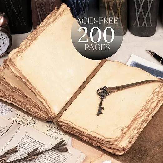 LEATHER VILLAGE Vintage Leather Journal – 200 Handmade Vintage Deckle Edge Paper – Leather bound Journal For Women Men – Vintage Key Closure - Book of Shadows - Red Brown - 13X8 inches