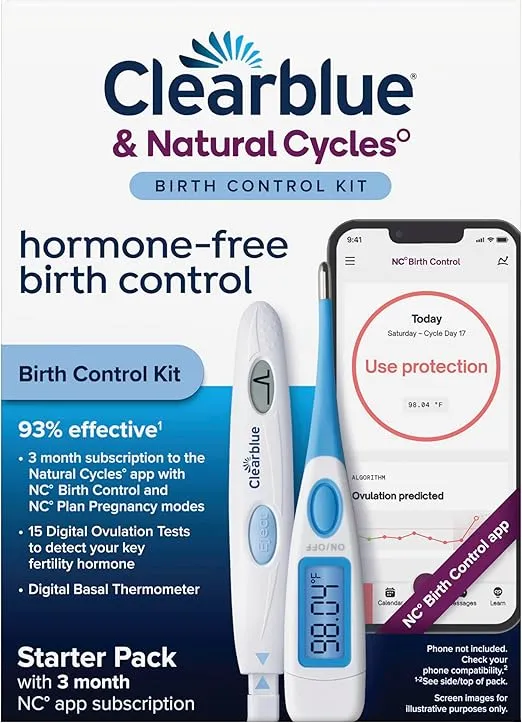 Clearblue & Natural Cycles Hormone-Free Birth Control Kit Starter Pack, 3 Month Subscription to The Natural Cycles app, 15 Digital Ovulation Tests, 1 Digital Basal Thermometer