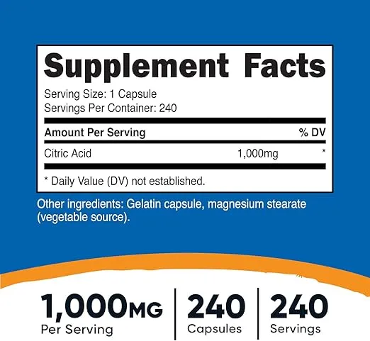 Nutricost Citric Acid 1000mg (1 gram), 240 Capsules - Gluten Free, Non-GMO