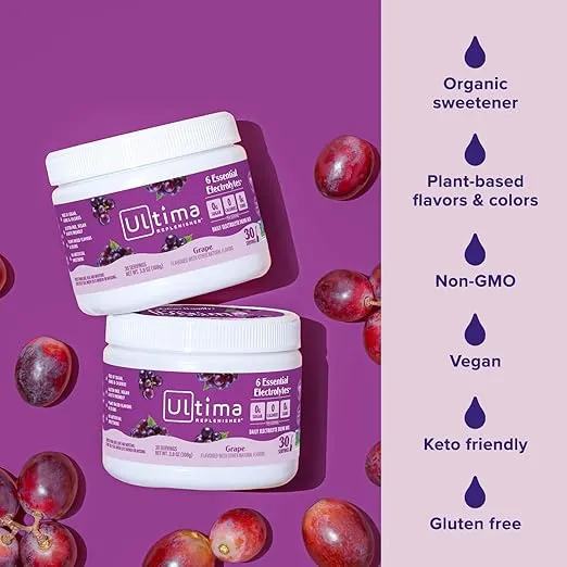 Ultima Replenisher Daily Electrolyte Drink Mix – Grape, 30 Servings – Hydration Powder with 6 Key Electrolytes & Trace Minerals – Keto Friendly, Vegan, Non- GMO & Sugar-Free Electrolyte Powder