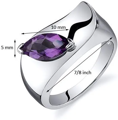 PEORA Amethyst Museum Solitaire Ring for Women 925 Sterling Silver, Genuine Gemstone Birthstone, 1 Carat Marquise Shape 10x5mm, Sizes 5 to 9