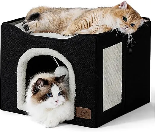 Bedsure Cat Beds for Indoor Cats - Large Cat Cave for Pet Cat House with Fluffy Ball Hanging and Scratch Pad, Foldable Cat Hideaway,16.5x16.5x13 inches, Black
