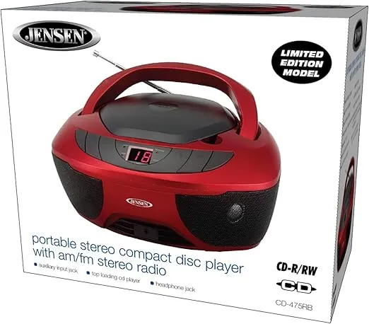 Jensen CD-475R Portable Sport Stereo Boombox CD Player with AM/FM Radio and Aux Line-in & Headphone Jack (Red)