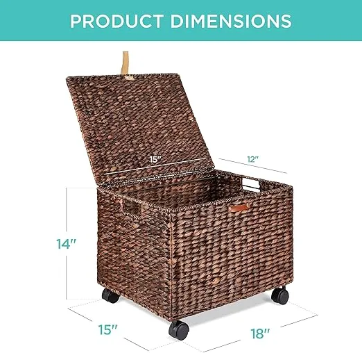 Best Choice Products Water Hyacinth Rolling Filing Cabinet, Woven Mobile Storage Basket, Portable File Organizer for Legal & Letter Size Memos w/Lid, 4 Locking Wheels - Brown