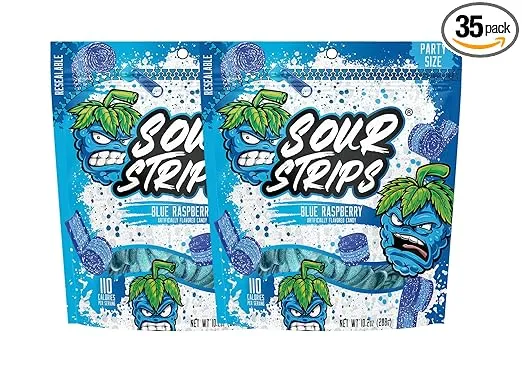 Sour Strips Flavored Sour Candy Strips, Deliciously Sour Chewy Candy Belts, Vegetarian Candies, Party Pack 2-Pack (Blue Raspberry Party Pack)