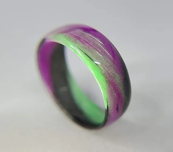 Handmade Ring Band - Carbon Fiber Green, Purple, and Black Marbled Glow Ring, Matte or High Gloss Finish, Glow-in-the-Glow, Durable, Waterproof, Sizes 4-16, Custom Band Widths