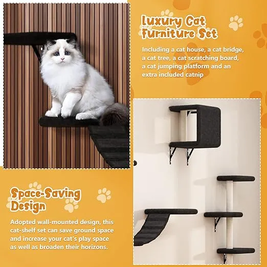 COZIWOW Cat Wall Shelves, Wall-Mounted Cat Climber Set of 5, Floating Cat Perches, Hanging Cat Beds, Modern Cat Furniture for Large Cats or Kitty (Black)