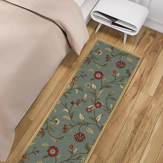Machine Washable Floral Leaves Design Non-Slip Rubberback 3x10 Traditional Runner Rug for Hallway, Kitchen, Bedroom, Living Room, 2'7" x 9'10", Seafoam Green