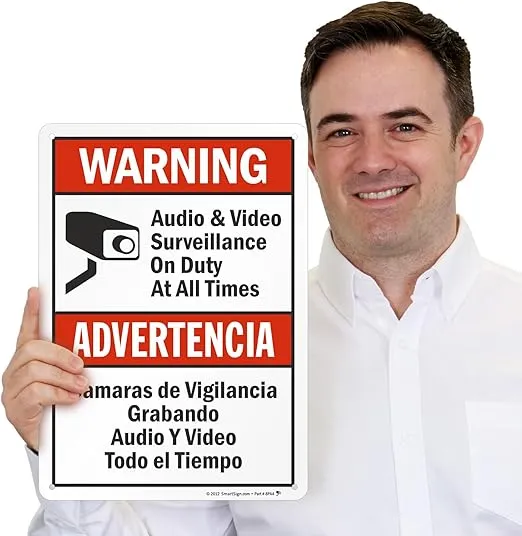 SmartSign-S-9392-AL-14 Warning - Audio & Video Surveillance On Duty At All Times Bilingual Sign By | 10" x 14" Aluminum - Black/Red on White