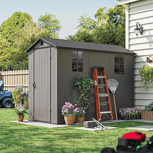 Patiolife 4 x 8 FT Outdoor Plastic Storage Shed with Floor, Resin Shed with Windows and Lockable Door for Garden Backyard and Patio Lawn, Dark Grey