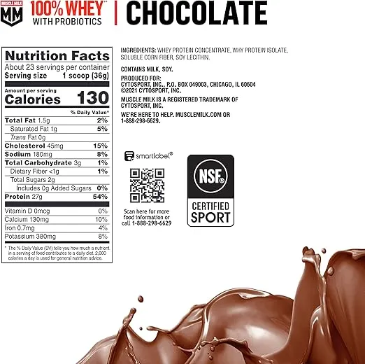 Muscle Milk 100% Whey With Probiotics Protein Powder, Chocolate, 1.85 Pound, 23 Servings, 27g Protein, 2g Sugar, 1B CFU Probiotics, Low in Fat, NSF Certified for Sport, Packaging May Vary
