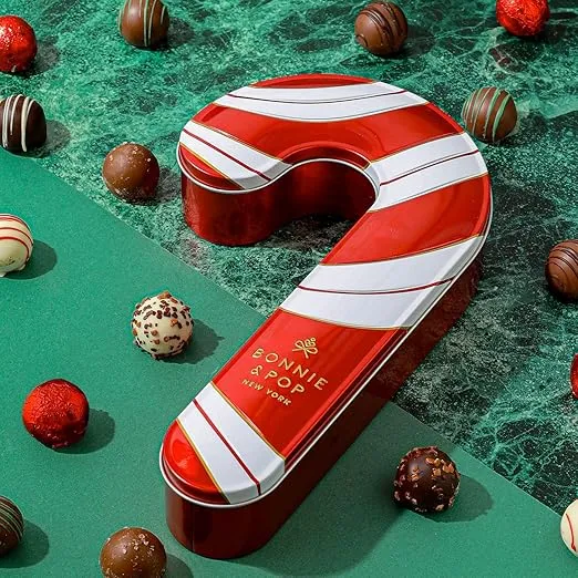 Christmas Gift Basket- Holiday Chocolate Candy- Gourmet Chocolate Truffle Snack Variety Stocking Stuffer Present in Candy Cane Tray- Bonnie and Pop