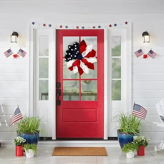 Home Decoration Wreath for Front Door or Wall - Rustic Burlap Patriotic 22" Wreath, American Flag Style 4th of July Front Door Home Décor