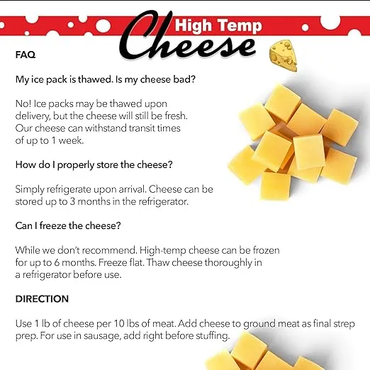 The Sausage Maker® High Temp Mozzarella Cheese 5 Lbs Hi-Temp Cheese For Sausage Making, 1/4" Diced Cube, 400° Temperature High Heat Cheese For Grilling, Salami, Snack Sticks, Summer Sausage