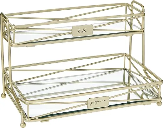 Home Details 2 Tier Mirrored, Perfect for Perfumes, Jewelry, Makeup, Cosmetic Organizer, Stylish Decor in Satin Gold Vanity Tower