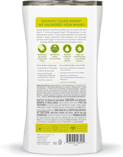 Method Dishwasher Detergent Packs, Lemon Mint, Dishwashing Rinse Aid to Lift Tough Grease and Stains, 54 Dishwasher Tabs per Package, (Pack of 2)