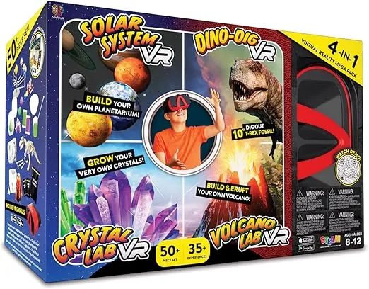 Virtual Reality 4 in 1 Deluxe VR Lab - Illustrated Interactive VR Book and STEM Learning Activity Set (Solar System, Dino-Dig, Crystal and Volcano) - for Ages 8 and Up