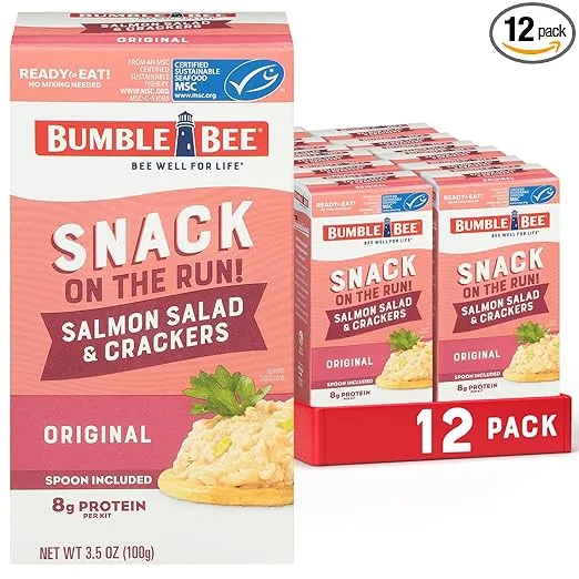 Bumble Bee Snack On The Run Salmon Salad with Crackers Kit, 3.5 oz (Case of 12) - Ready to Eat, Spoon Included - Wild Caught Salmon - Shelf Stable & Convenient Protein Snack