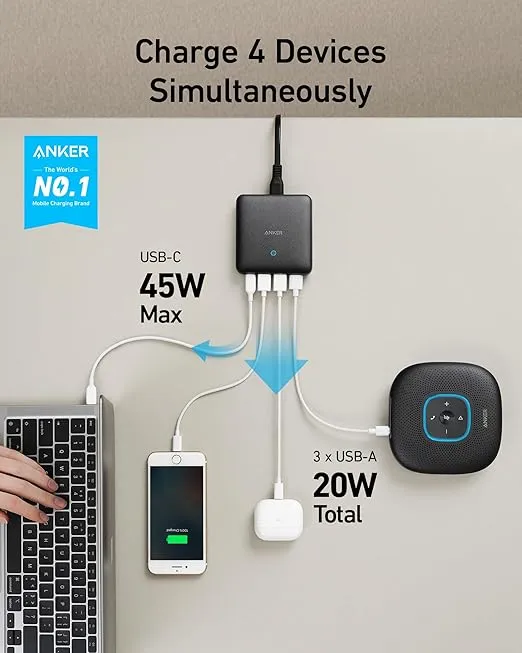 Anker 65W 4 Port PIQ 3.0 & GaN Fast Charger Adapter, PowerPort Atom III Slim Wall Charger - 45W USB C Port, Ideal for MacBook, Laptops, iPad Pro, iPhone, Galaxy, Pixel