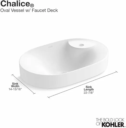 KOHLER 31705-1-0 Chalice 22-3/4" Oval Vessel Bathroom Sink with Single Faucet Deck Hole, Above Counter Vanity Sink Basin, White