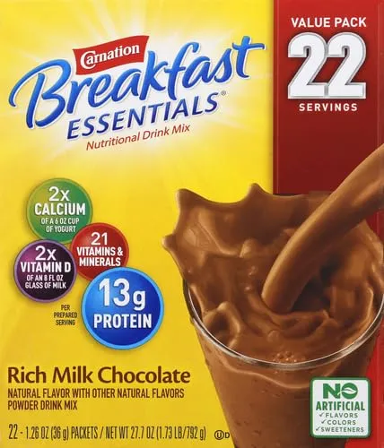 Carnation Breakfast Essentials Powder Drink Mix, Rich Milk Chocolate,1.26 Ounce (Pack of 22), (Packaging May Vary)