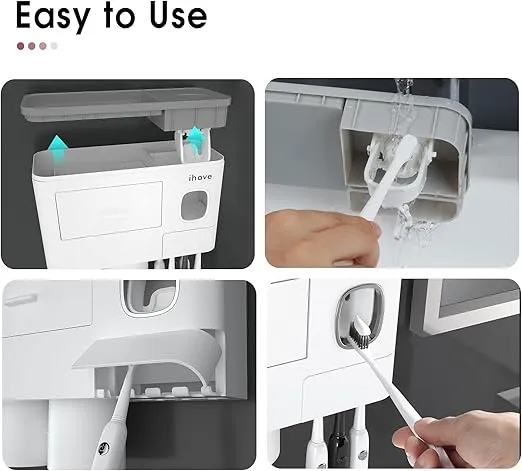 iHave Toothbrush Holders for Bathrooms, 2 Cups Toothbrush Holder Wall Mounted with Toothpaste Dispenser - Large Capacity Tray, Cosmetic Drawer - Bathroom Decor & Bathroom Accessories
