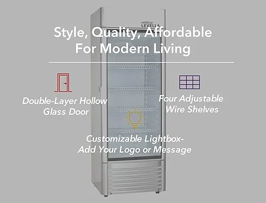 PremiumLevella PRF90DX Glass Door Display Refrigerator 9.0 cu ft Commercial Beverage Cooler Merchandiser With Customizable Lightbox - Silver