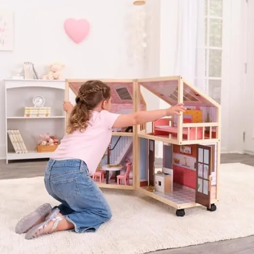 So Darling Wooden Dollhouse on Wheels, Open & Close with 29 Accessories