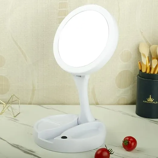 Lighted Folding Makeup Mirror, 1X/10X Magnification Double Sided Mirror, 5.9Inch LED Vanity Mirror for Travel, Home (White)