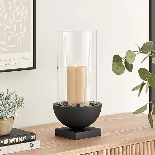 Danya B. Modern Black Metal Bold Pedestal and Glass Pillar Hurricane Candle Holder (7" x 7" x 15.25, Large)