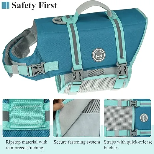 VIVAGLORY Ripstop Dog Life Jacket for Small Medium Large Dogs Boating, Dog Swimming Vest with Enhanced Buoyancy & Visibility, Turquoise