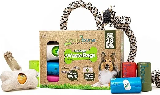 BioBase Dog Poop Bag Refills: 28 Rolls - 336 Bags with Dispenser and Rope Toy Handle