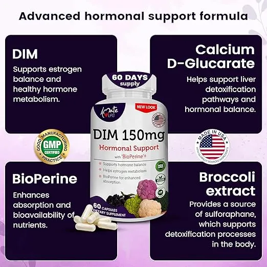 Amate Life Women’s DIM Complex 150mg - Bioperine Estrogen Balancing Pills for Menopause & Hot Flashes Relief Support Hormonal Acne Powerful Supplement - 60 Capsules - Made in USA