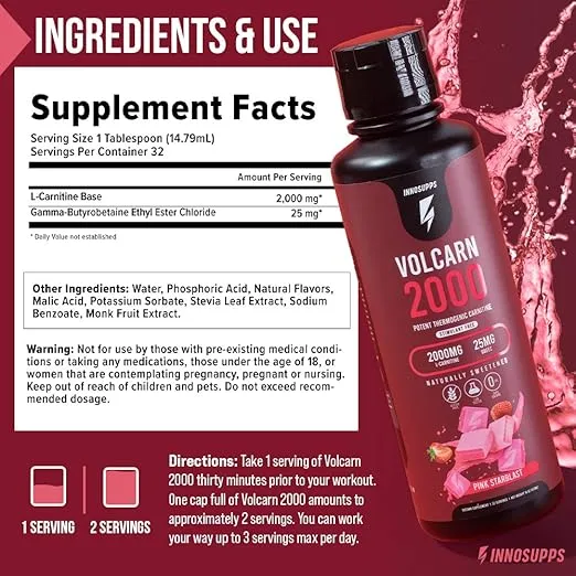 InnoSupps Volcarn 2000 - L-CARNITINE Advanced Energy Liquid | ATP Enhancer with GBEEC | Boosts Energy, Enhances Focus, Caffeine Free, No Artificial Sweeteners | 32 Servings (Lemon Lime)