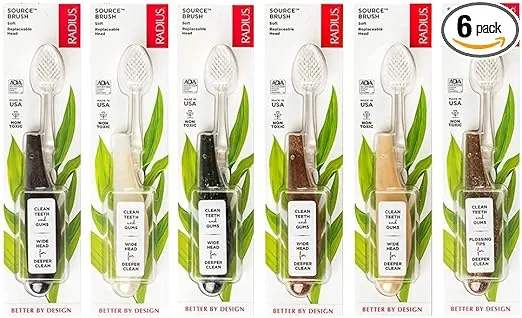 RADIUS Toothbrush Source Floss Brush BPA Free & ADA Accepted Improve Gum Health & Reduce Gum Issues - Soft - Assorted Colors - Pack of 6