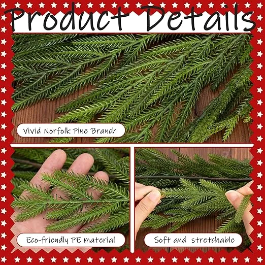 Watayo 2 Pcs Christmas Norfolk Pine Garland- 6 Ft Dense Real Touch Pine Garland Ornament- Realistic Artificial Pine Greenery Garlands for Mantle, Table, Fireplace, Indoor, Outdoor Christmas Decoration
